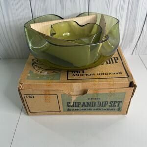 Vintage Anchor Hocking Ruffle Bowl Set Avocado Green Chip & Dip Set w/Box